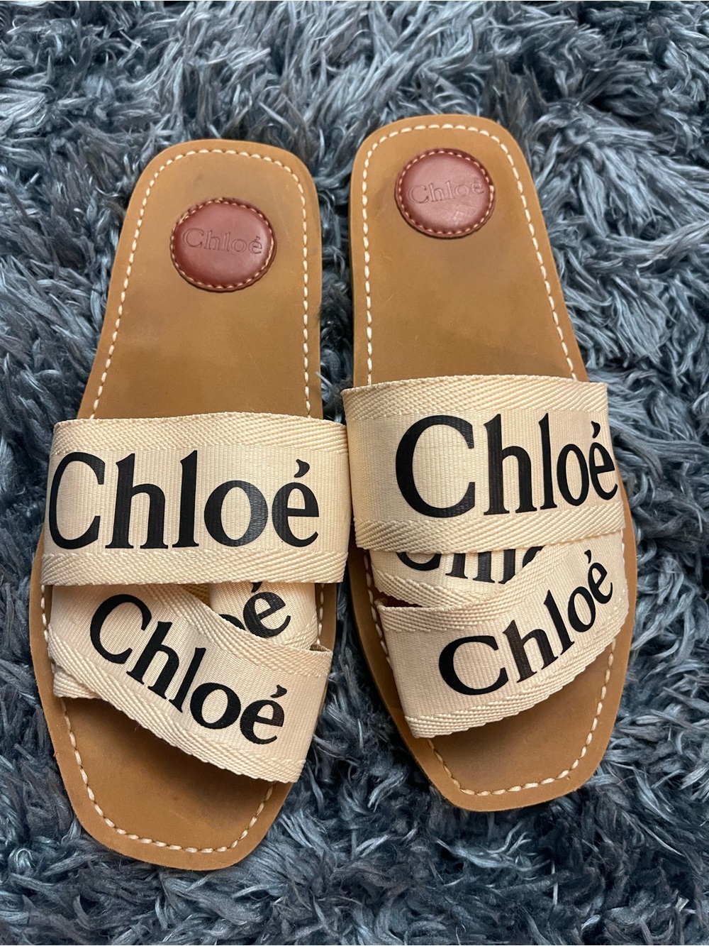 Chloé Beige Logo Canvas Slide Sandals